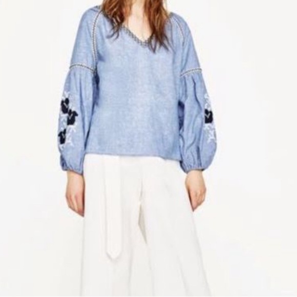 Zara Tops - Zara Basic Collection Embroidered Peasant Boho Linen/Cotton Blend Top.